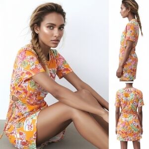 Nwt Zara Cutout Sides Ruched Tee Dress Tropical Jungle Plumeria Monkeys Hawaiian